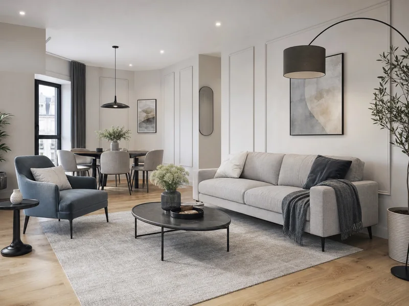 Contemporary apartment living and dining room with mineral blue accent chair